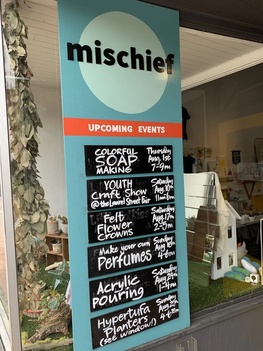 Mischief gift shop and creative hub events board